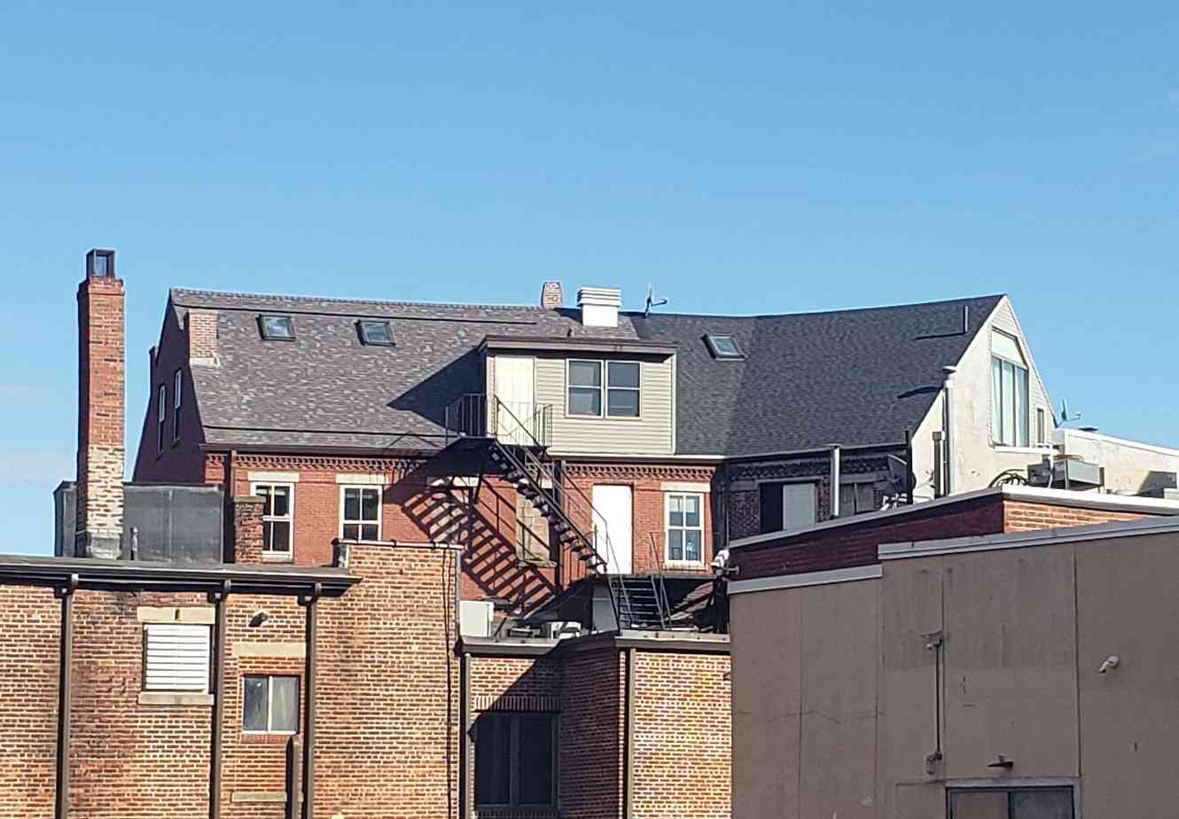 Rooftop view of a brick building with a steep gray roof, skylights, and a prominent black fire escape. A clear blue sky adds contrast.